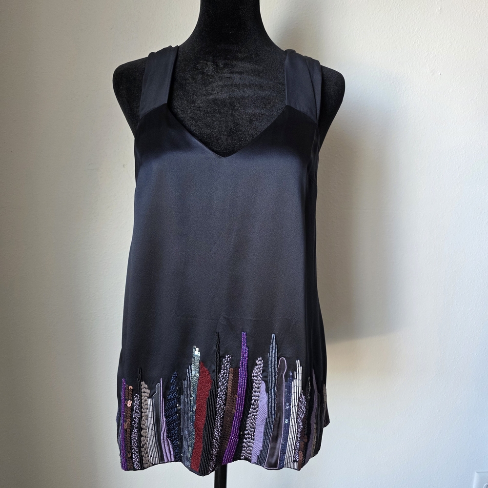 Mint Jodi Arnold Elegant Black Sleeveless Silk Top with Sequin Detail 2
